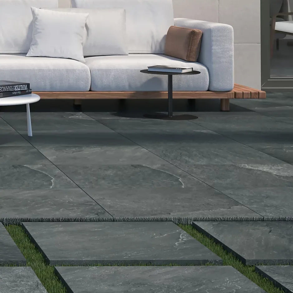 Ecoceramic Carrelage sol extérieur en grès cérame émaillé effet pierre anthracite l.60 x L.60 x ép.2 cm Pietra