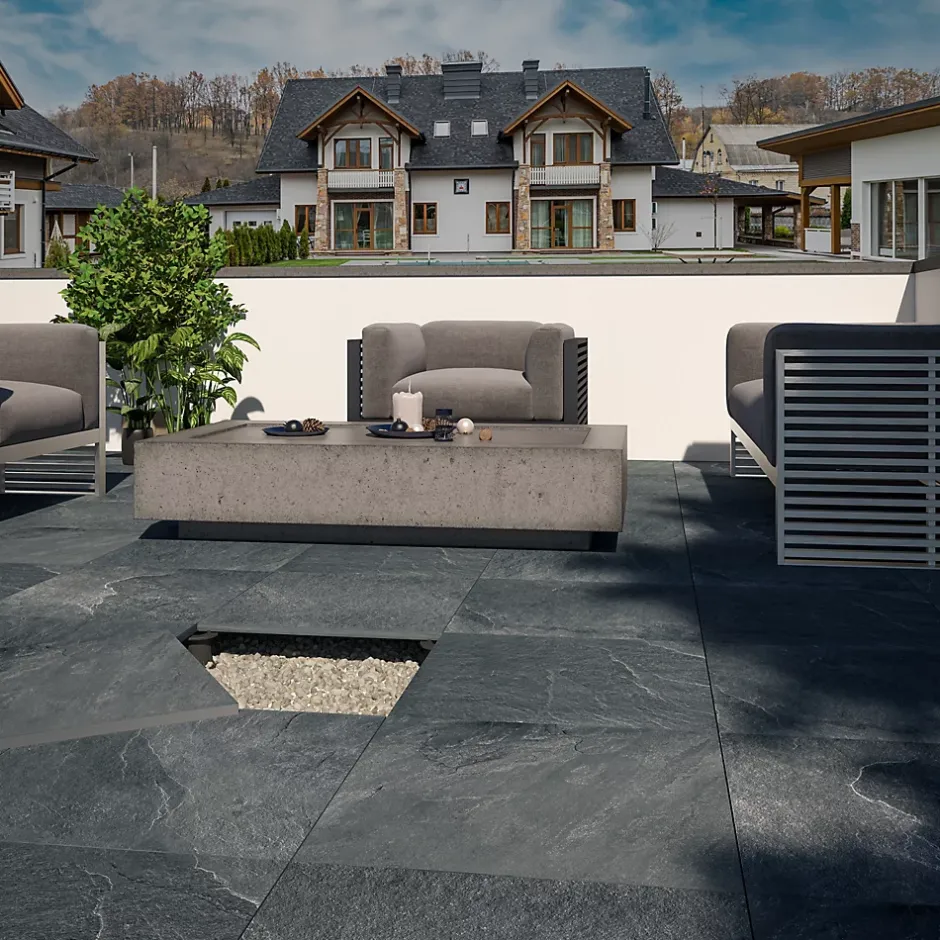 Ecoceramic Carrelage sol extérieur en grès cérame émaillé effet pierre anthracite l.60 x L.60 x ép.2 cm Pietra