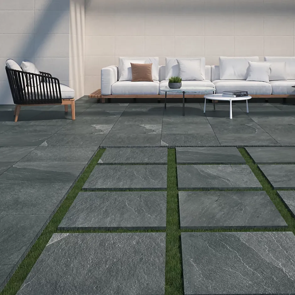 Ecoceramic Carrelage sol extérieur en grès cérame émaillé effet pierre anthracite l.60 x L.60 x ép.2 cm Pietra