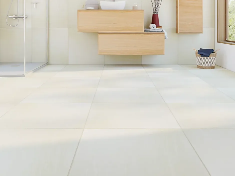 Carrelage sol intérieur beige effet pierre L.60 x l.60 cm x ép.9 mm, Soft Travertin-GoodHome Clearance