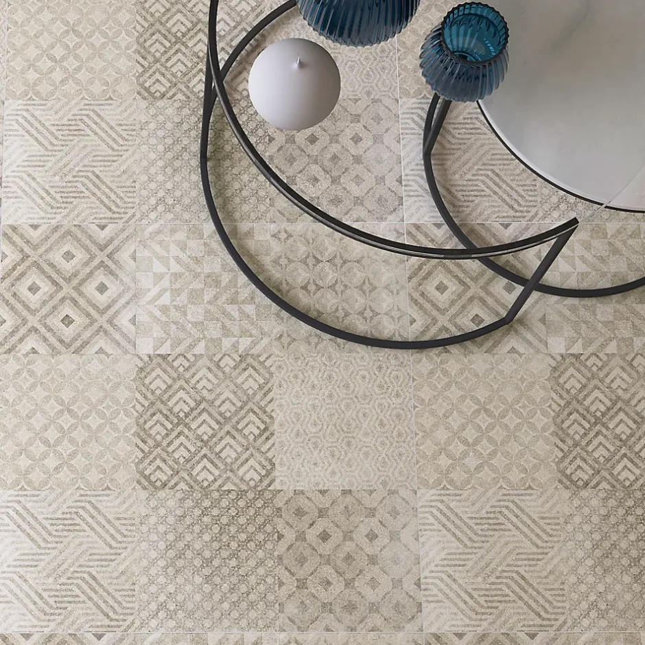 GoodHome Carrelage sol intérieur effet carreaux de ciment tons beiges et gris L.60 x l.60 cm x ép.9,5 mm, Kontainer