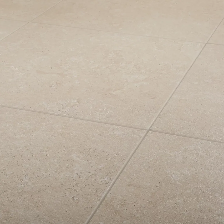 GoodHome Carrelage sol intérieur taupe beige effet pierre L.61,5 x l.61,5 cm x ép.9 mm, Soft Lime Stone