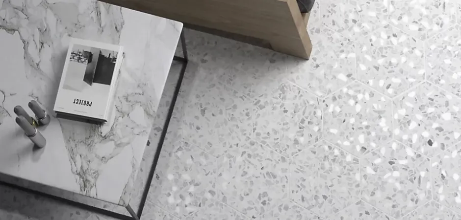 Allocarrelage Carrelage Terrazzo Hexagonal 23x26 Riazza Blanc Gris