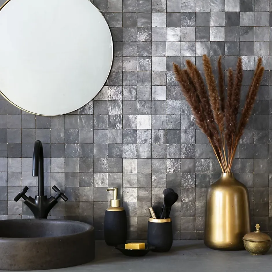 Ro'Ma Nature Carrelage Zellige Marocain Noir Carbone 5x5 cm (vendu par plaque de 30x30 cm soit 0,09 m²) -