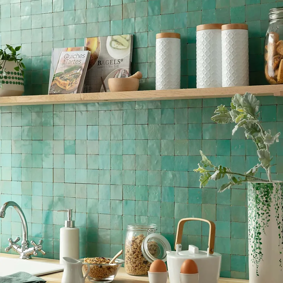 Ro'Ma Nature Carrelage Zellige Marocain Vert Pacifique 5x5 cm (vendu par plaque de 30x30 cm soit 0,09 m²) -