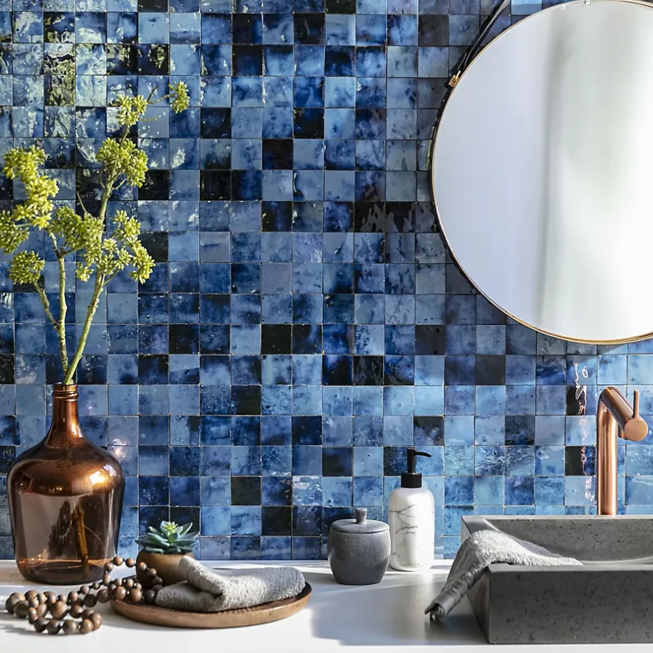 Ro'Ma Nature Carrelage Zellige Marocain Bleu Magique 5x5 cm (vendu par plaque de 30x30 cm soit 0,09 m²) -