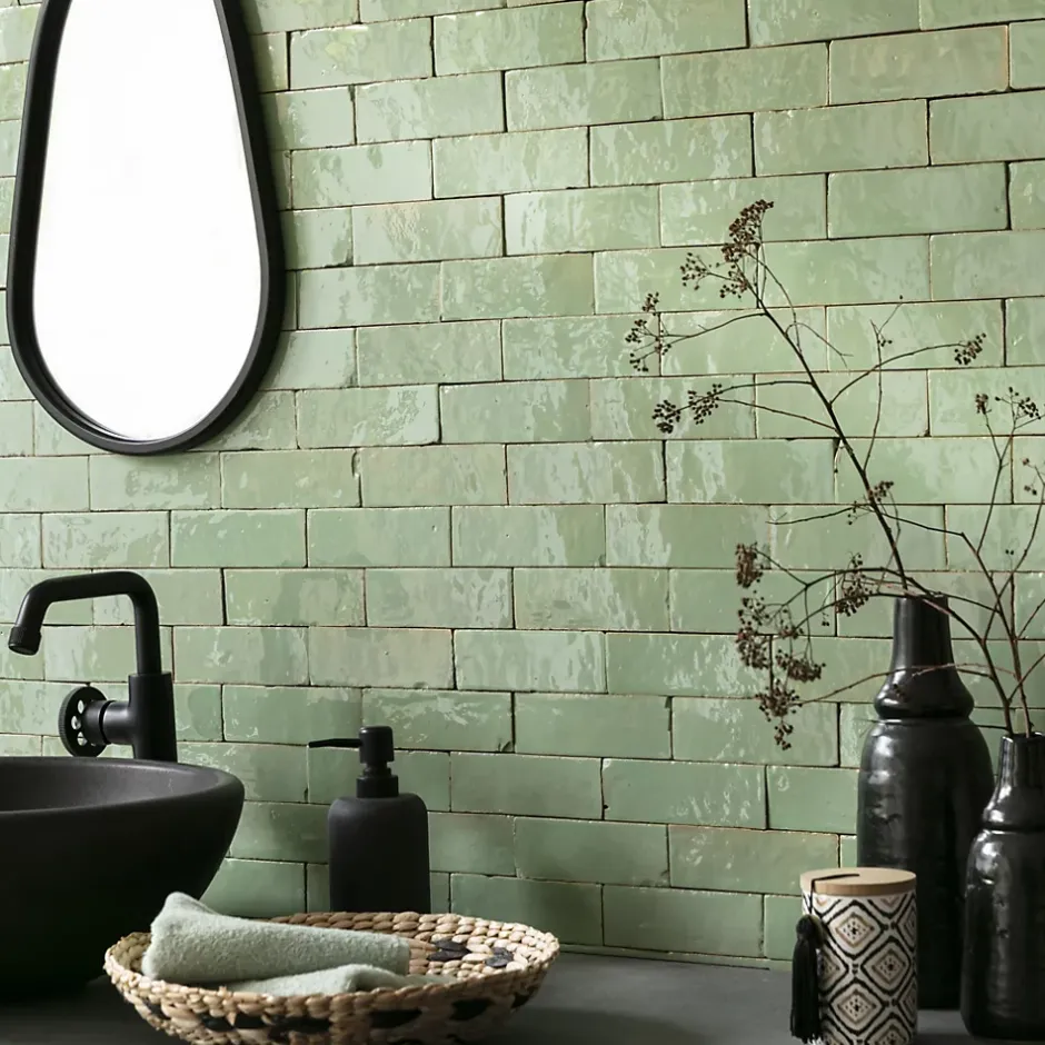 Carrelage Zellige Marocain Vert Amande 5x15 cm (vendu par 1 m²) --Ro'Ma Nature Sale