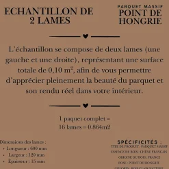Dileci ÉCHANTILLON - Parquet massif chêne français, Point de Hongrie , Chevron taille 600x120x15 mm, Teinte bois naturel -