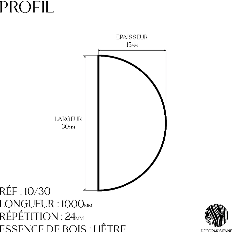 Decoparisienne Échantillon de moulure perle brut décorative - L20 x 3 cm - Bois de hêtre massif - Style Parisien - A peindre