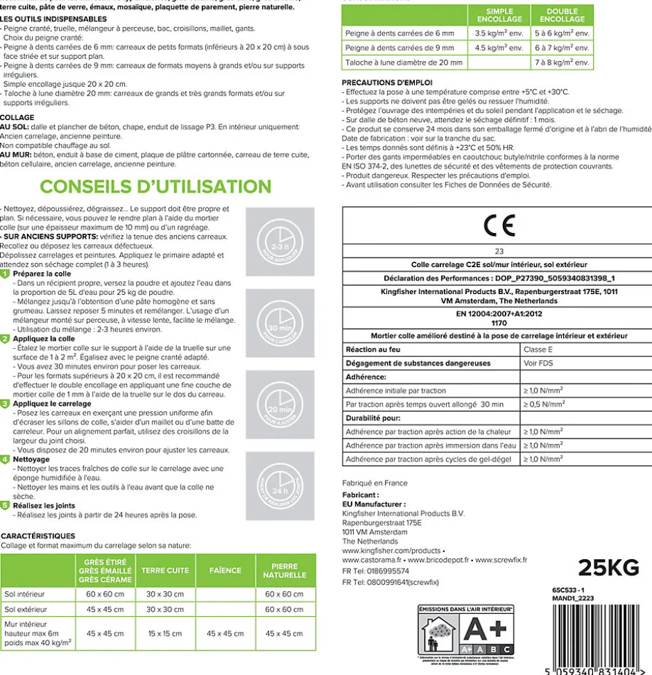 Colle carrelage sol int/ext et mur intérieur blanc C2E 25kg-Volden Best