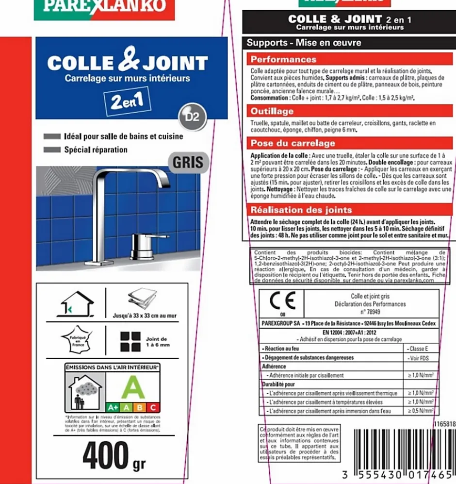 Colle et joint carrelage mur intérieur gris 400 g-Parexlanko Best