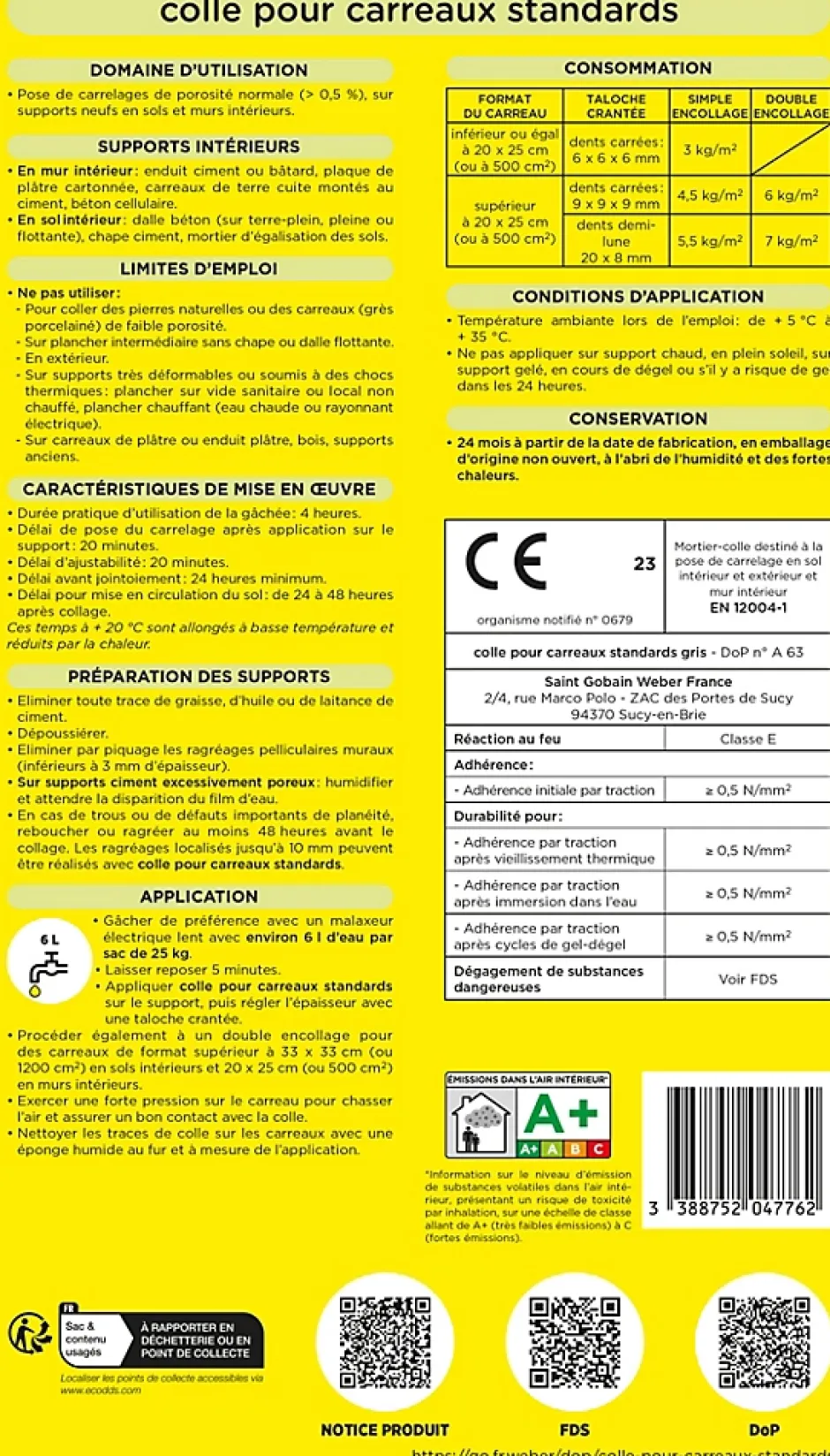 Weber Saint-Gobain Colle pour carreaux standards gris Weber 25kg