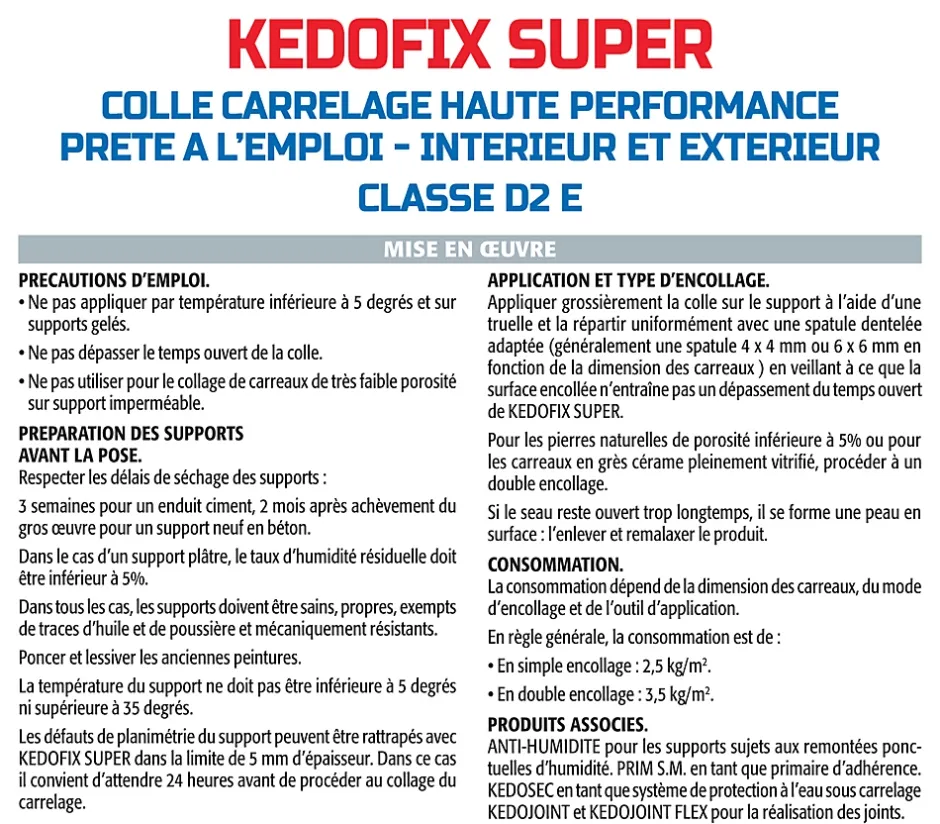 Semin Colle pour Carrelage Haute Performance Kedofix , Prêt à l'emploi, Intérieur/extérieur, seau de 5 kg