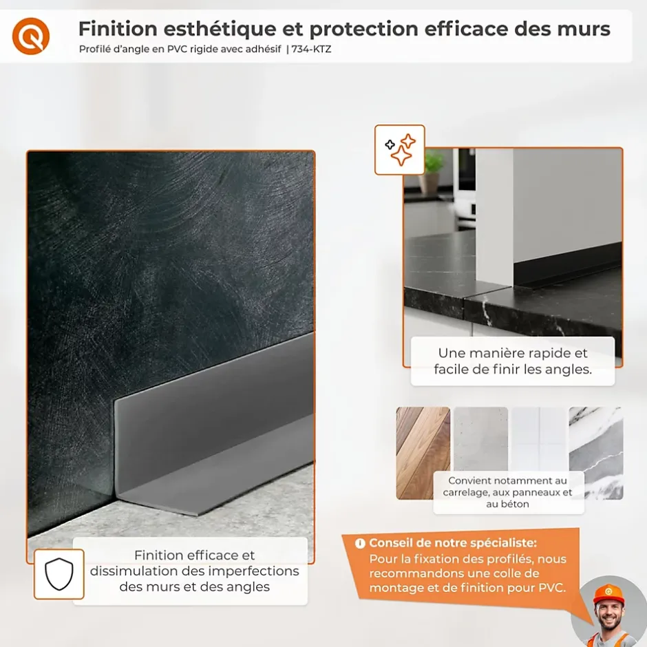 Quest Corniere d'angle interieur PVC 50x50mm Autocollante, 200 cm, gris foncé