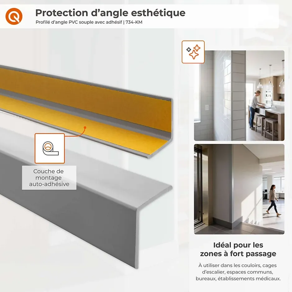 Quest Corniere PVC 27x27mm , Profile d angle autocollant, Protection murale, 180 cm, beige