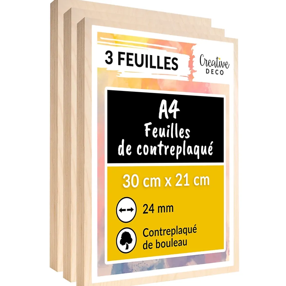3 x A4 Contreplaqué 300 x 210 x 24mm (+/- 0,5mm) - Bouleau Brut - Panneau Découpe Laser - Gravure, Cricut, Maquette-Creative Deco Clearance