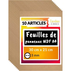 10 x A4 Panneau MDF 300 x 210 x 3 mm - Planche Bois Brut - Idéal Bricolage, Découpe Laser, Gravure, Pyrogravure-Creative Deco
