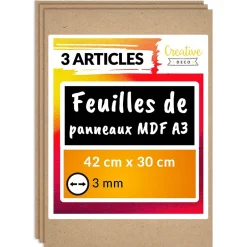 3 x A3 Panneau MDF 420 x 300 x 3 mm - Planche Bois Brut - Idéal Bricolage, Découpe Laser, Gravure, Pyrogravure-Creative Deco