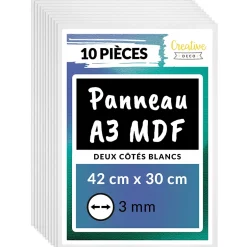 Creative Deco 10 x A3 Panneau MDF Blanc Double Face 420 x 300 x 3 mm - Feuille Planche Bois Brut - Découpe Laser, Pyrogravure