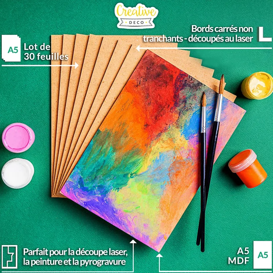Creative Deco 30 x A5 Panneau MDF 148 x 210 x 3 mm - Planche Bois Brut - Idéal Bricolage, Découpe Laser, Gravure, Pyrogravure