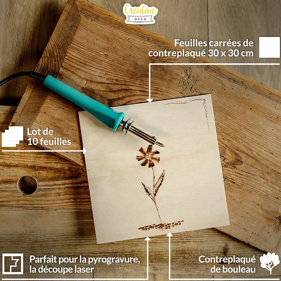 10 x Contreplaqué Carré 300 x 300 x 3mm (+/-0,5mm) - Bois Brut Bouleau - Panneau Découpe Laser - Pyrogravure Gravure-Creative Deco