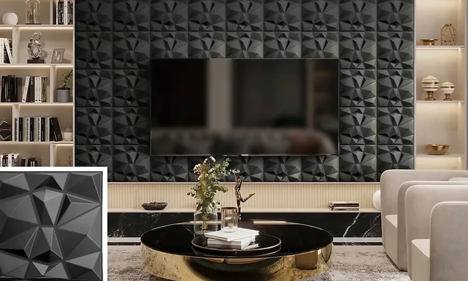 Ikhemalarka 3D PVC panneaux muraux decor gaming chambre mur plafond effet 3D diamant noir plaques PVC decoration 30x30cm 0.09m²