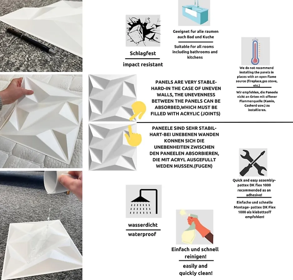 Ikhemalarka 3D PVC panneaux muraux decor gaming chambre mur plafond effet 3D diamant noir plaques PVC decoration 30x30cm 0.09m²