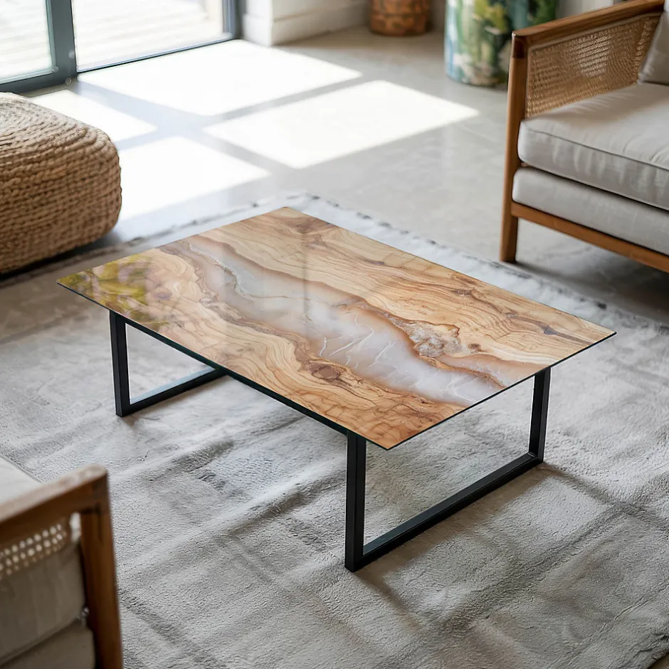 Wallfluent Dessus de table en verre trempé 80x60 cm Bois naturel avec résine