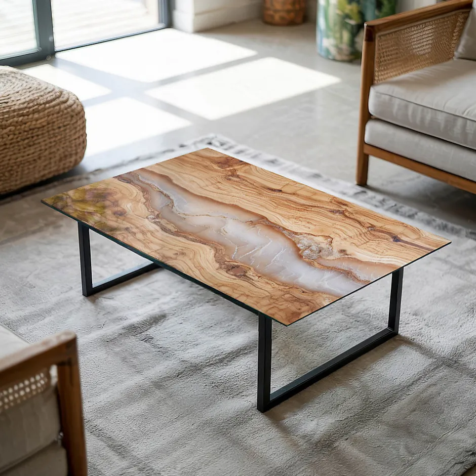 Dessus de table en verre trempé 100x70 cm Bois naturel avec résine-Wallfluent Hot