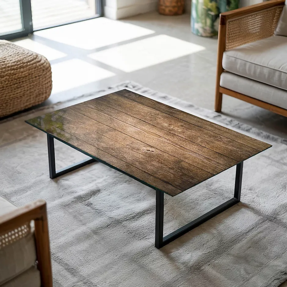 Wallfluent Dessus de table en verre trempé 100x70 cm Structure de planches en bois