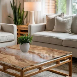 Dessus de table en verre trempé 50x50 cm Bois naturel avec résine-Wallfluent Online