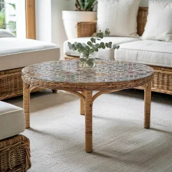 Wallfluent Dessus de table en verre trempé fi90 cm Motif mosaïque avec ornements