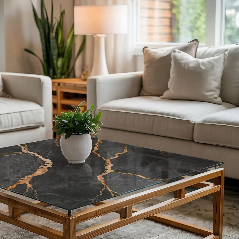 Wallfluent Dessus de table en verre trempé 60x60 cm Motif marbré avec veines