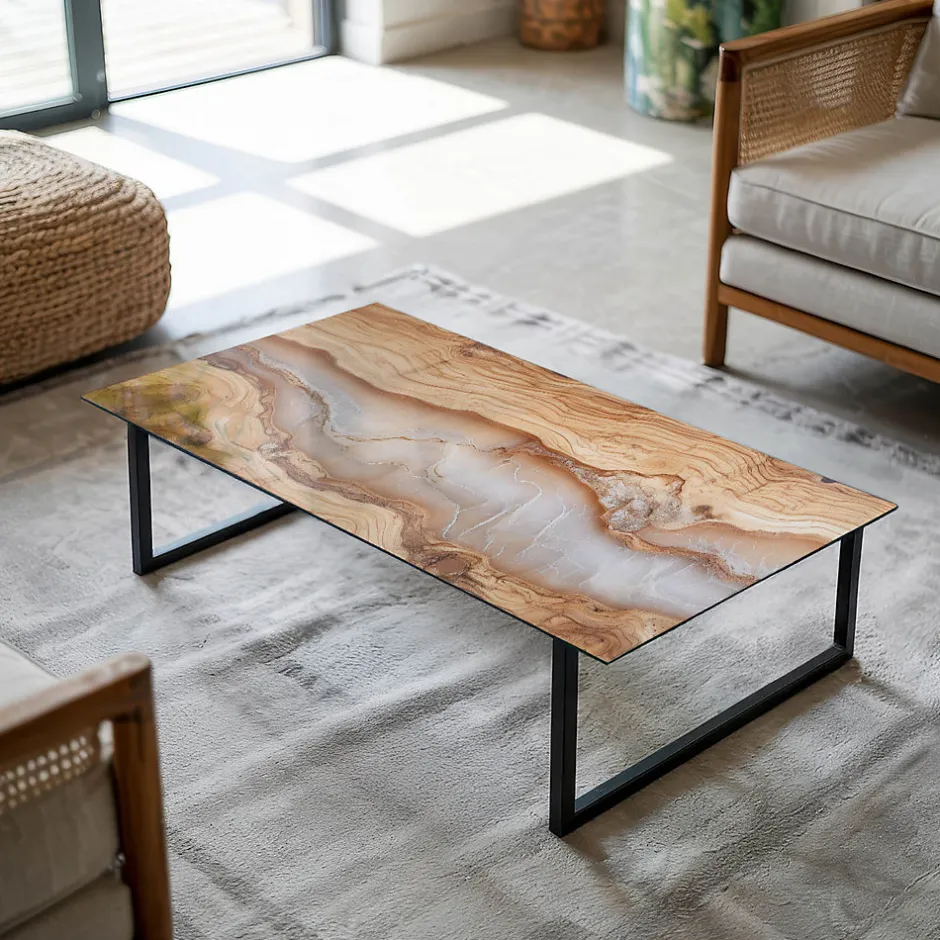 Wallfluent Dessus de table en verre trempé 140x70 cm Bois naturel avec résine