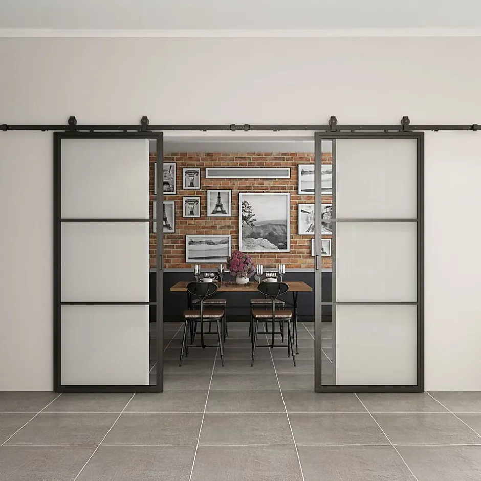 Schulte Double porte coulissante complète verre - 205x220 - porte vitrée - porte verrière - décor Loftstyle - noir