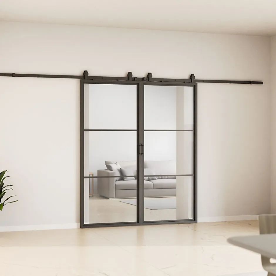 Schulte Double porte coulissante complète verre - 205x220 - porte vitrée - porte verrière - décor Loftstyle - noir