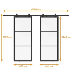 Schulte Double porte coulissante complète verre - 205x220 - porte vitrée - porte verrière - décor Loftstyle - noir