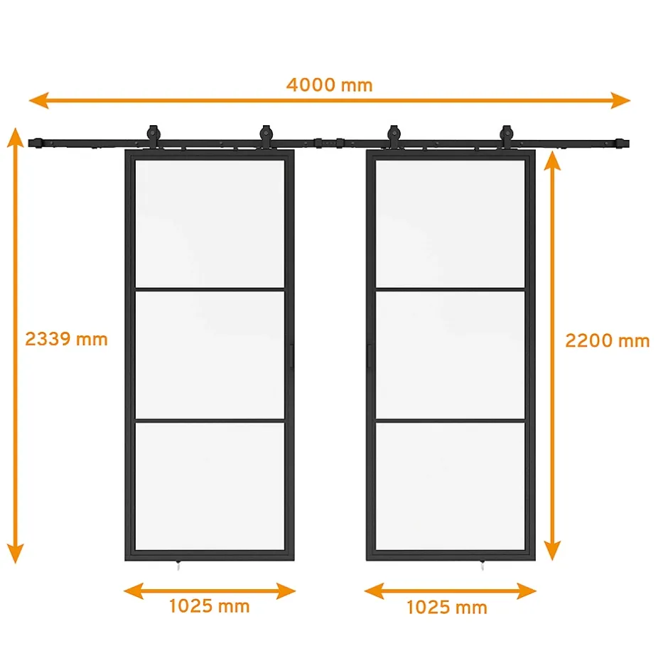 Schulte Double porte coulissante complète verre - 205x220 - porte vitrée - porte verrière - décor Loftstyle - noir