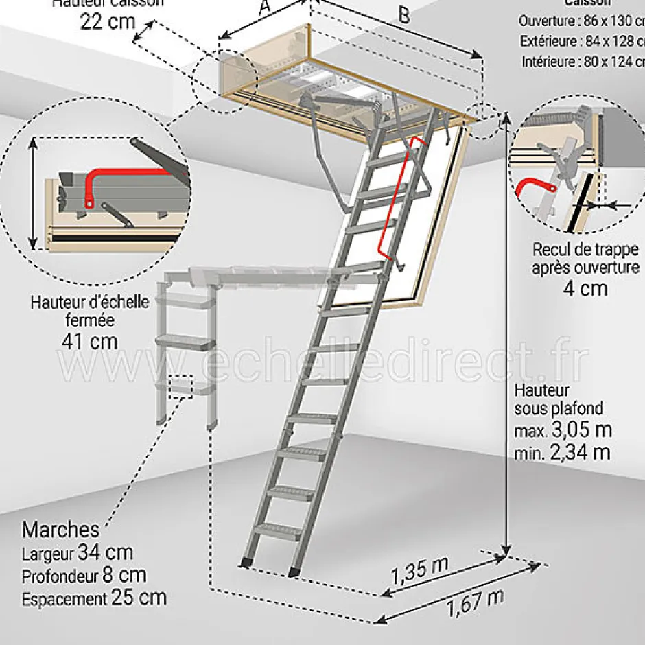 Matisere Echelle coupe feu 60min - Hauteur sous plafond 3.05m - Trémie 86 x 130cm - LMF60/86130-305