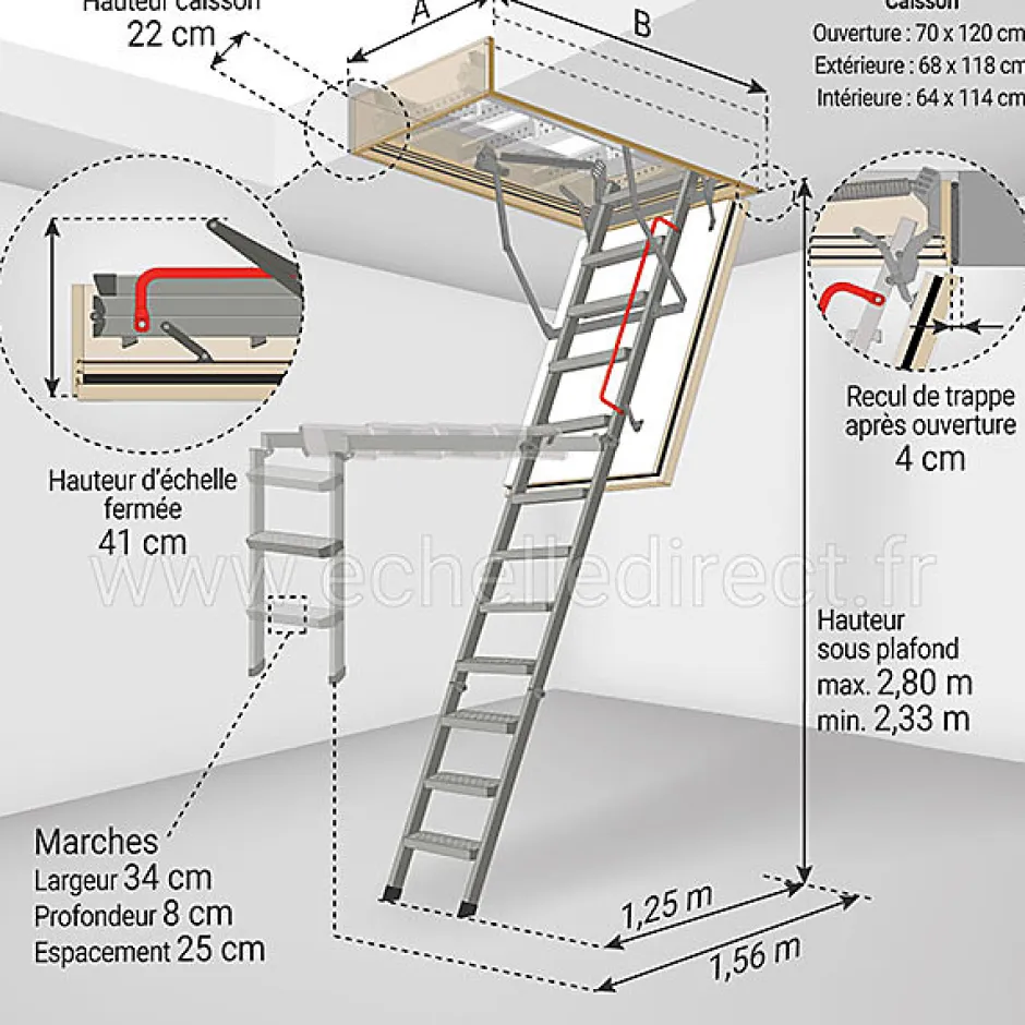 Echelle coupe feu 60min avec trappe de 70x120cm - Hauteur de 2.33 à 2.80m - LMF60/70120-280-Matisere Clearance