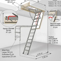Matisere Echelle coupe feu 60min avec trappe de 60x120cm - Hauteur de 2.33 à 2.80m - LMF60/60120-280