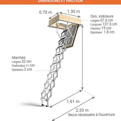 Sogem Echelle coupe feu trappe 70x120cm - Hauteur sous plafond 3.78 à 4.22m - VARIO60-70130-422