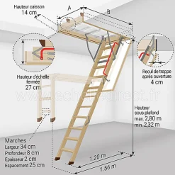 Echelle escamotable bois - Trémie de 55x120cm - Hauteur de 2.32 à 2.80m - LWK55120-2-Matisere