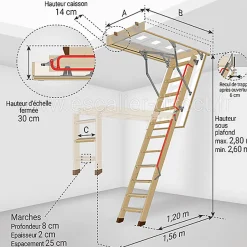Echelle escamotable bois - Trémie de 70 x 120cm - Hauteur de 2.60 à 2.80m - LWL70120-2-Matisere Sale