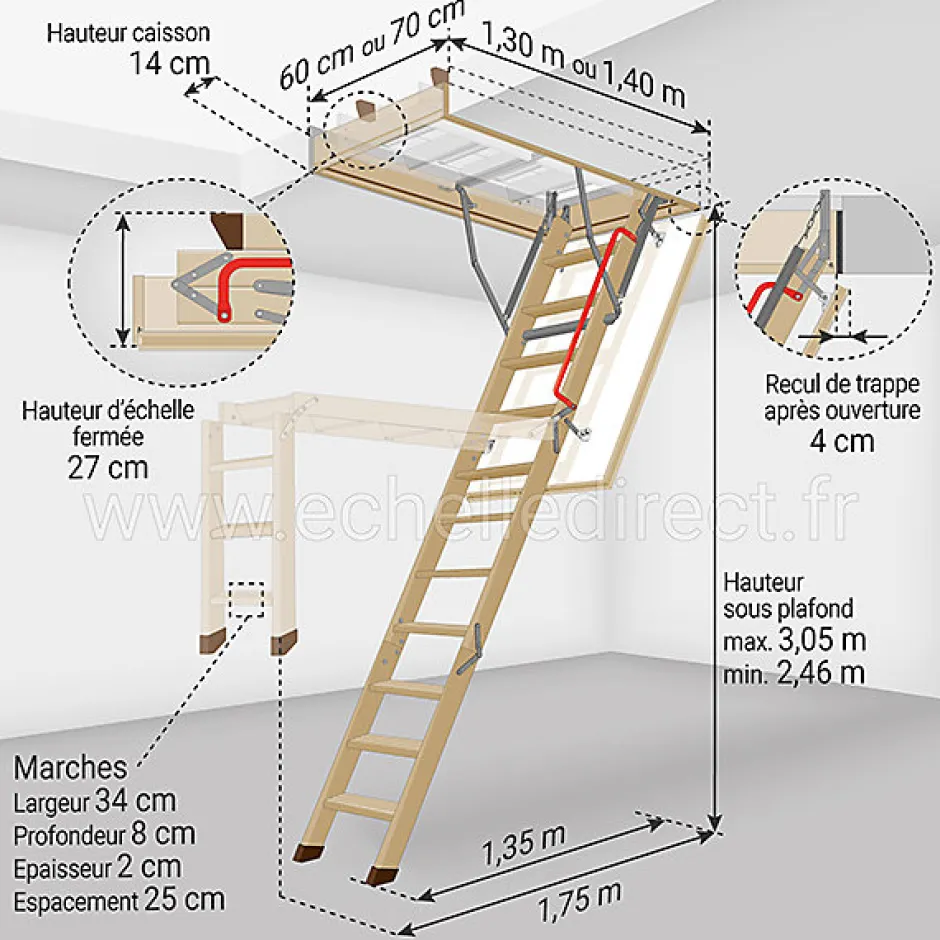 Echelle escamotable bois - Trémie de 60 x 130cm - Hauteur de 2.46 à 3.05m - LWK60130-3-Matisere New