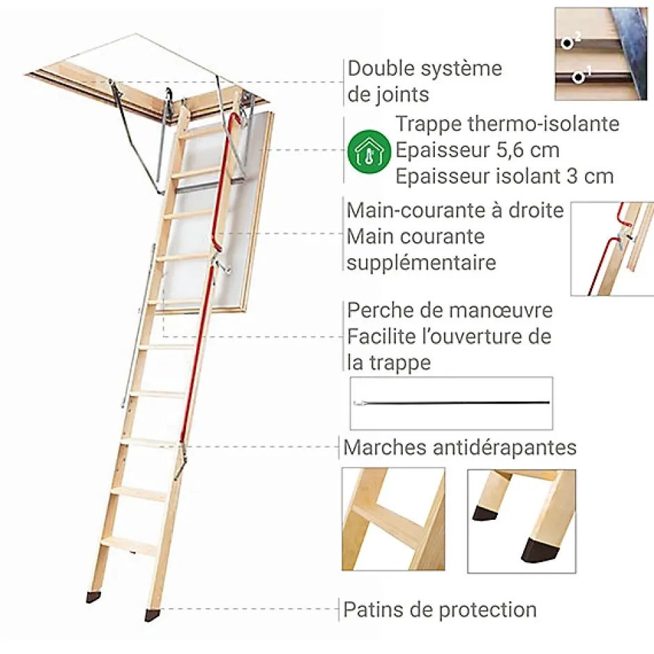 Echelle escamotable bois - Trémie de 70 x 130cm - Hauteur de 2.60 à 2.80m - LWL70130-2-Matisere Clearance