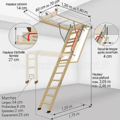 Matisere Echelle escamotable bois - Trémie de 70 x 130cm - Hauteur de 2.46 à 3.05m - LWK70130-3