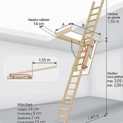 Echelle escamotable bois - Trémie de 60 x 120cm - Hauteur de 2.00 à 3.05m - LDK60120/305-Matisere New
