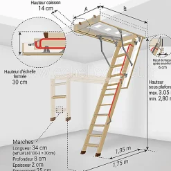 Echelle escamotable bois - Trémie de 70 x 140cm - Hauteur de 2.80 à 3.05m - LWL70140-3-Matisere Online