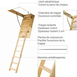 Matisere Echelle escamotable bois - Trémie de 60 x 120cm - Hauteur de 2.32 à 2.80m - LWS60120-2